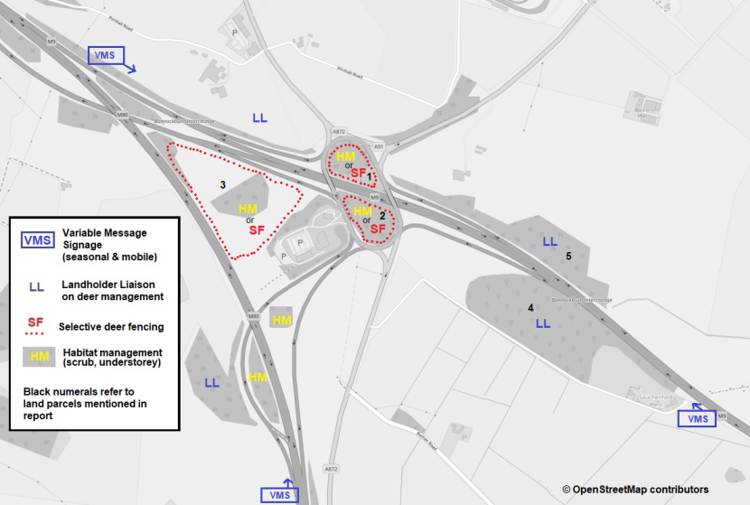 Map showing locations for potential DVC mitigation measures at M9 Pirnhall interchange.