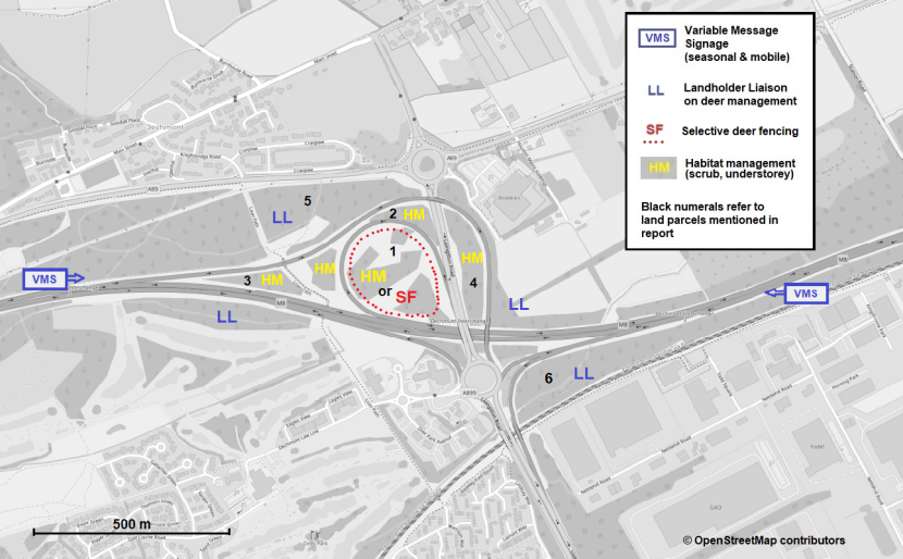 Approximate locations for potential DVC mitigation measures at M8 Livingston interchange.