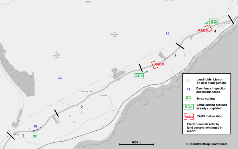 Approximate locations for potential DVC mitigation measures at A9 Lothbeg to Portgower.