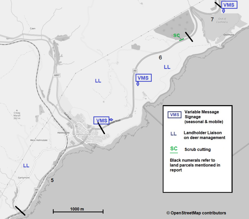 Approximate locations for potential DVC mitigation measures at A9 Gartymore to Ord of Caithness.