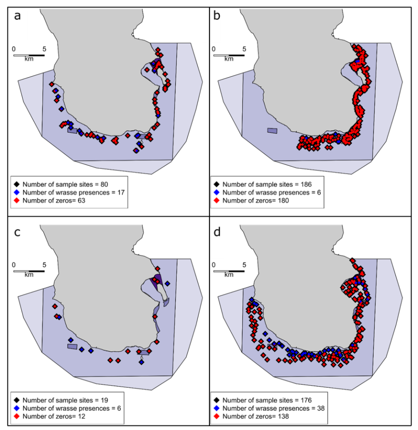 Map showing SBRUV deployment locations within the South Arran Nature Conservation Marine Protected Area in 2013, 2014, 2017 and 2018.