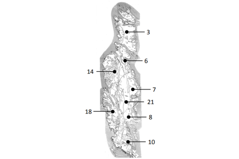 Map of the island labelled with numbers to show the location of the plot areas.