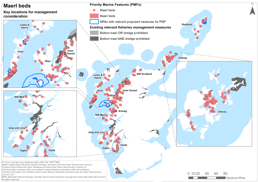 A map showing key locations for the protection of maerl beds off Scotland's coast.