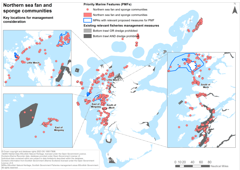 A map showing key locations for protection of northern sea fan and sponge communities