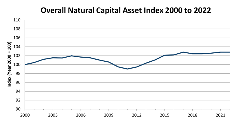 A line graph showing the change in the Natural Capital Asset Index over time. As described in Scotland’s Natural Capital Asset Index – 2025. Update summary.