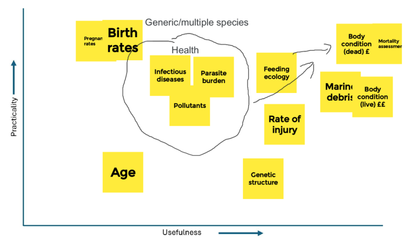 A graph displaying an arrangement of potential Metrics ranked by the Theme 1 (Animal Health) subgroup during the workshop according to Usefulness and Practicality