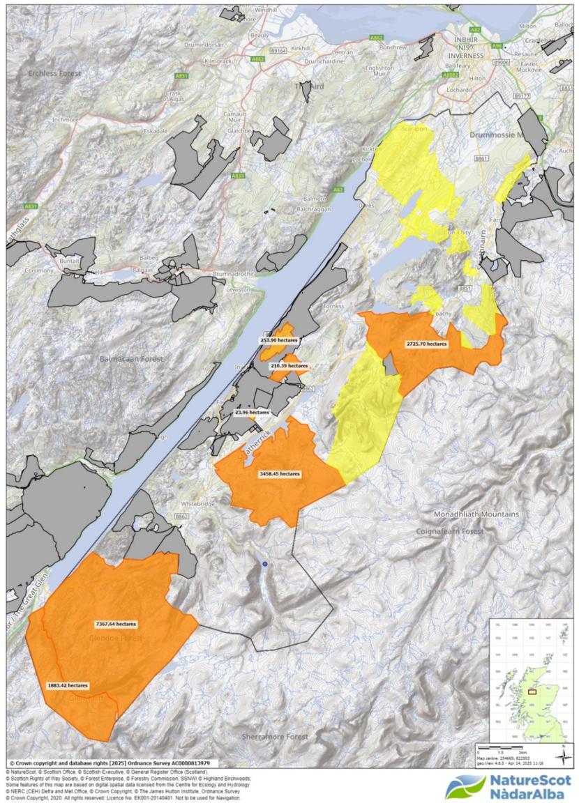 Map of the South Loch Ness Pilot Scheme area which shows participating properties, those that dropped out and areas of National Forest Estate that are not eligible for the scheme.  