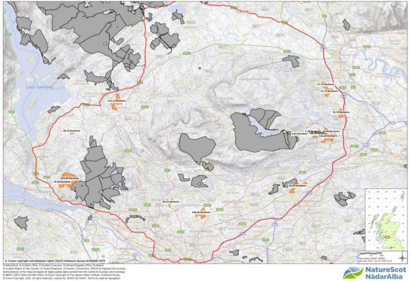 Map showing the Central Scotland Pilot Scheme area. Properties that participated in the scheme are coloured in orange and the areas of National Forest Estate that are not eligible are coloured in grey