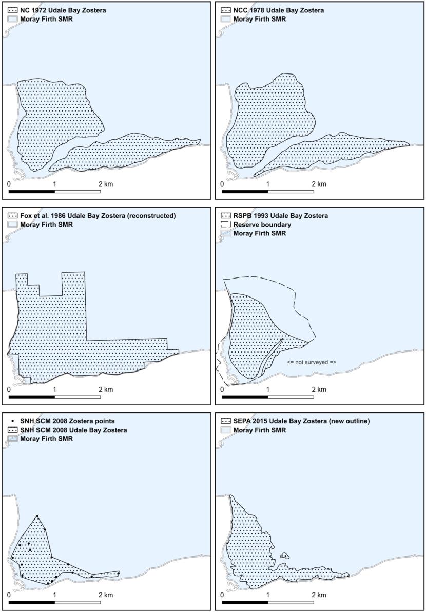 Maps of Zostera distribution in Udale Bay from 1972, 1978, 1986, 1993, 2008 and 2015 are presented as black spotted polygons superimposed over the Moray Firth SMR represented in light blue with land presented in white. Distributions are similar during the 1970s though the area recorded in 2015 appears significantly smaller with shrinkage at the seaward edge. 