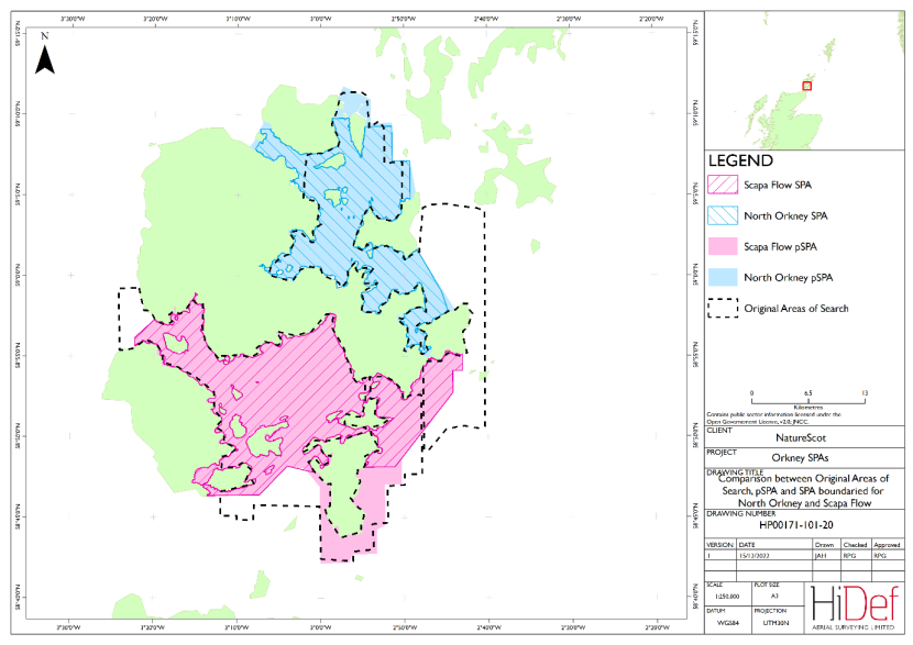 Map showing the different survey boundaries used in previous surveys of North Orkney and Scapa Flow, compared to the finalised SPA boundaries.