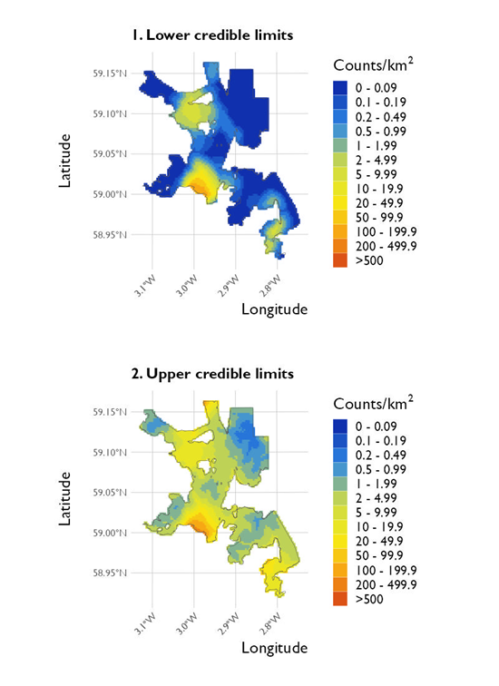 Two maps showing (1) the lower credible limits of the density estimates of common eider and (2) the upper credible limits at North Orkney Special Protected Area from the surveys conducted on 20 January 2023. 
