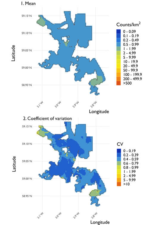 Two maps showing (1) the estimated density of European shag and (2) the associated coefficient of variation at North Orkney Special Protection Area from the surveys conducted on 21 February 2022. 