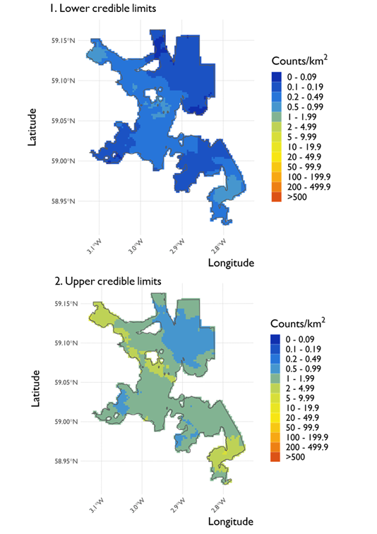 Two maps showing (1) the lower credible limits of the density estimates of European shag and (2) the upper credible limits at North Orkney Special Protection Area from the surveys conducted on 21 February 2022