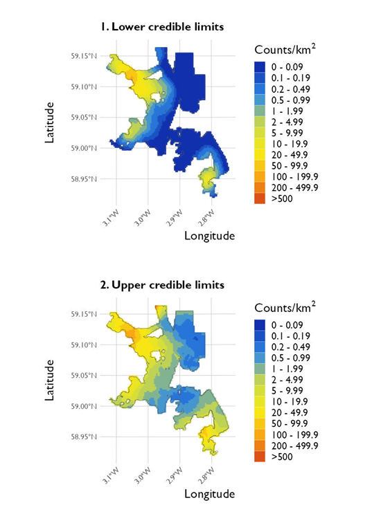 Two maps showing (1) the lower credible limits of the density estimates of European shag and (2) the upper credible limits at North Orkney Special Protected Area from the surveys conducted on 20 January 2023. 