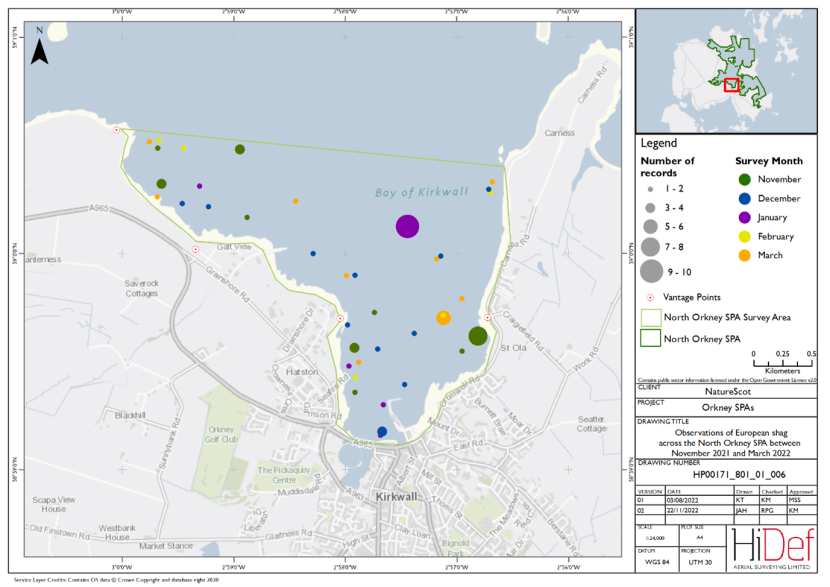 Map of shore-based observations of European shag in part of the North Orkney Special Protection Area during the winter 2021/22 shore-based surveys.
