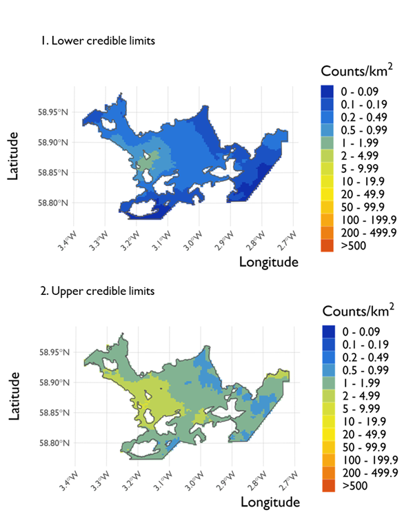 Two maps showing (1) the lower credible limits of the density estimates of great northern divers and (2) the upper credible limits at Scapa Flow Special Protection Area from the surveys conducted on 21 February 2022. 