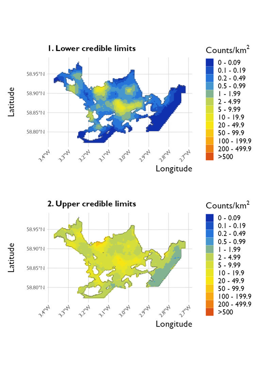 Two maps showing (1) the lower credible limits of the density estimates of great northern diver and (2) the upper credible limits at Scapa Flow Special Protected Area from the surveys conducted on 20 January 2023. 
