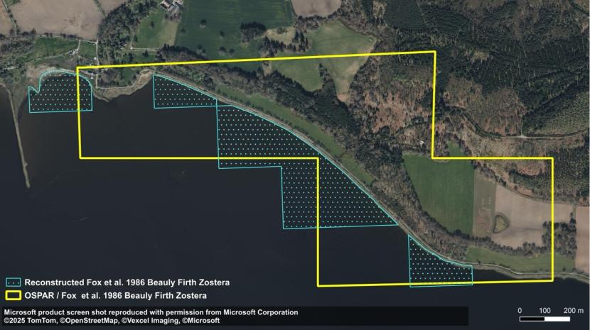 A map showing two separate representations of the Fox et al., 1986 seagrass dataset superimposed over an aerial photograph