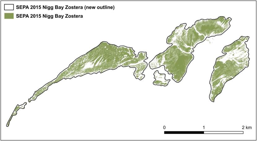 A map of the 2015 SEPA survey of Nigg Bay shown in green, together with a black outline created to enable area calculations for the current project.