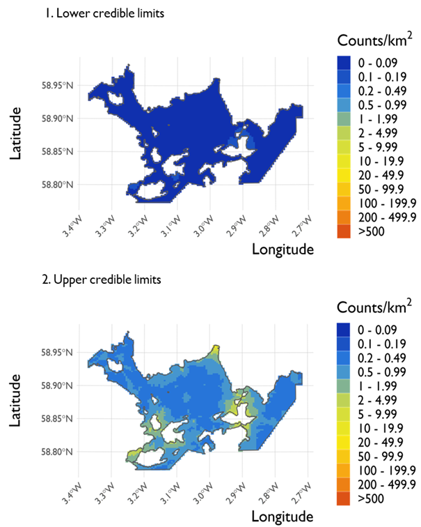 Two maps showing (1) the lower credible limits of the density estimates of Slavonian grebes and (2) the upper credible limits at Scapa Flow Special Protection Area from the surveys conducted on 21 February 2022.