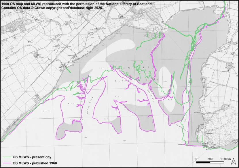 A map showing 1960 Mean Low Water Springs as a pink line extending significantly further down the shore than the present day Mean Low Water Springs displayed as a green line.