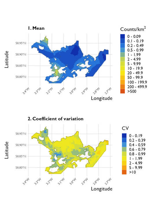 Two maps showing (1) the estimated density of Slavonian grebe and (2) the associated coefficient of variation at Scapa Flow Special Protected Area from the surveys conducted on 20 January 2023. 