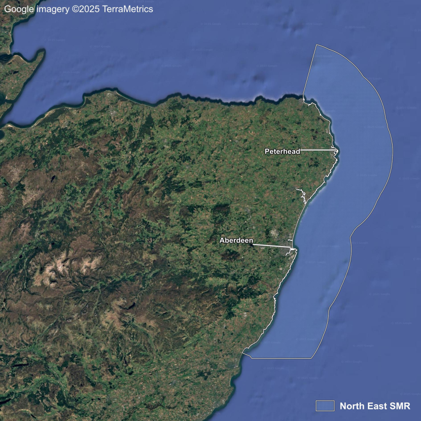 A map showing aerial imagery of the North East Scottish Marine Region including locations from north to south of Peterhead and Aberdeen.