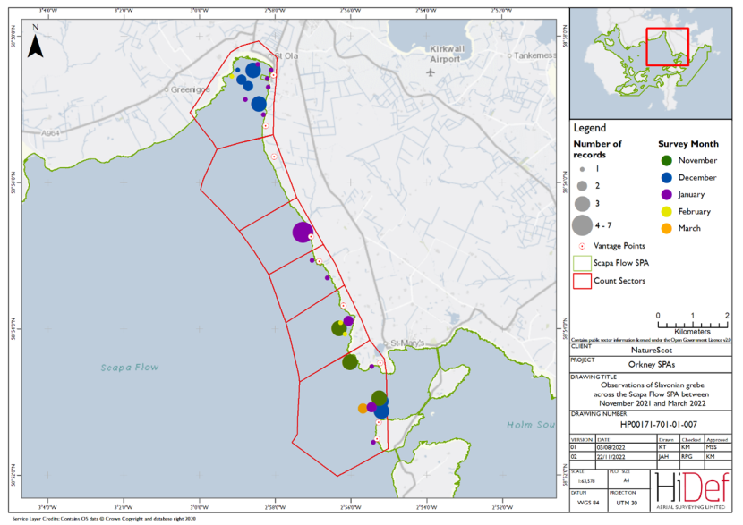 Map of shore-based observations of Slavonian grebe in sectors at the Scapa Flow Special Protection Area during the winter 2021/22 shore-based surveys.