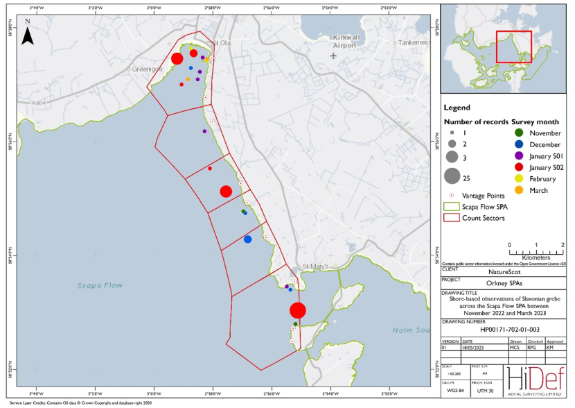 Map of shore-based observations of Slavonian grebe in sectors at the Scapa Flow Special Protected Area during the 2022/23 shore-based surveys.