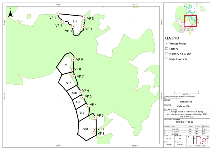 Map showing the vantage points used for shore-based surveys with the defined survey sectors also marked out.