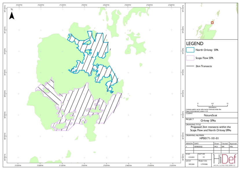 Map of Orkney Islands showing the Special Protection Areas and the 2 km-spaced aerial survey transect lines.