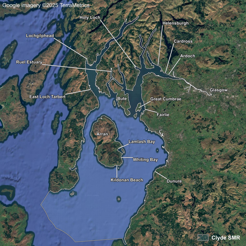 A map showing aerial imagery of the Clyde Scottish Marine Region including locations from north to south of Lochgilphead, Holy Loch, Helensburgh, Ruel Estuary, Cardross, Ardoch, East Loch Tarbert, Bute, Great Cumbrae, Fairlie, Arran, Lamlash Bay, Whiting Bay, Kildonan Beach and Dunure.