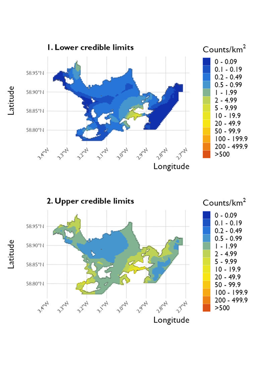 Two maps showing (1) the lower credible limits of the density estimates of red-breasted mergansers and (2) the upper credible limits at Scapa Flow Special Protected Area from the surveys conducted on 20 January 2023. 