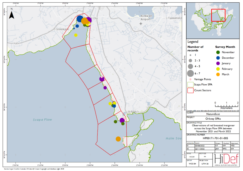 Map of shore-based observations of red-breasted merganser in sectors at the Scapa Flow Special Protection Area during the winter 2021/22 shore-based surveys.