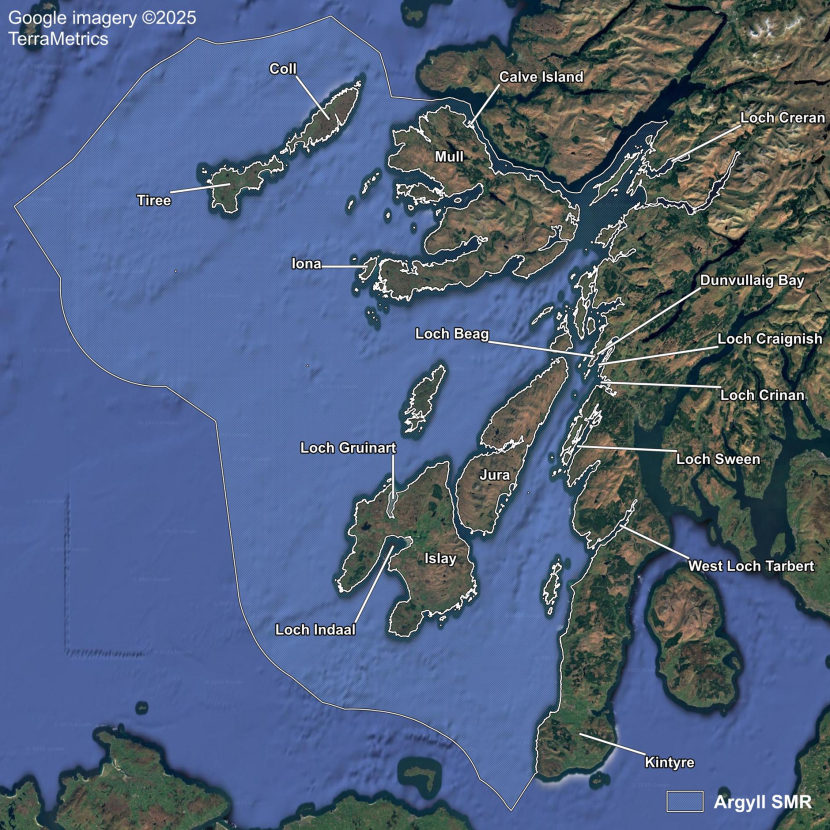 A map showing aerial imagery of the Argyll Scottish Marine Region including locations from north to south of Coll, Tiree, Calve Island, Mull, Loch Creran, Iona, Dunvullaig Bay, Loch Beag, Loch Craignish, Loch Crinan, Jura, Loch Sween, Loch Gruinart, Loch Indaal, West Loch Tarbert and Kintyre.
