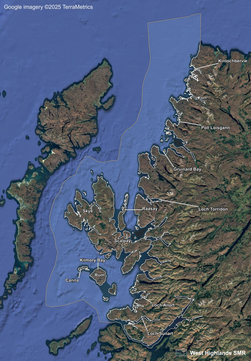A map showing aerial imagery of the West Highlands Scottish Marine Region including locations from north to south of Kinlochbervie, Poll Loisgann, Gruinard Bay, Loch Torridon, Raasay, Skye, Scalpay, Kilmory Bay, Canna, Rum, Loch Ailort and Loch Sunart.