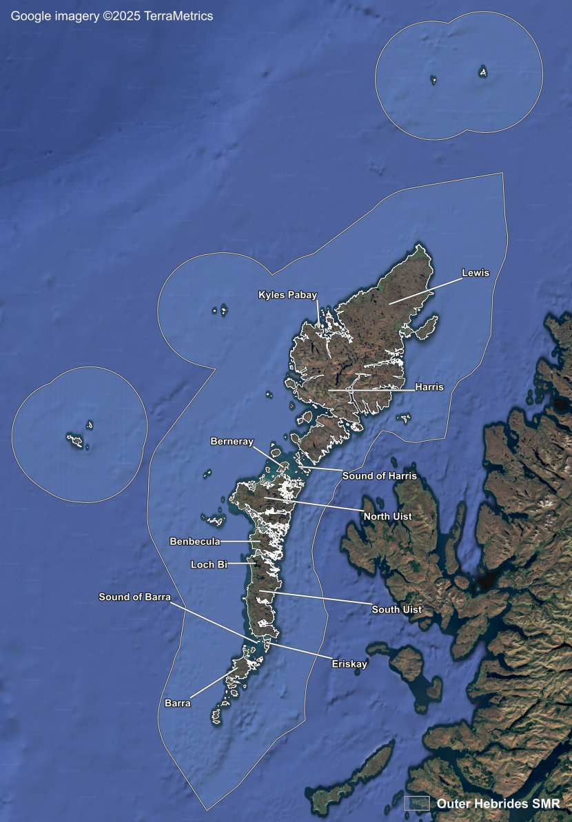 A map showing aerial imagery of the Outer Hebrides Scottish Marine Region including locations from north to south of Lewis, Kyles Pabay, Harris, Sound of Harris, Berneray, North Uist, Benbecula, Loch Bi, South Uist, Sound of Barra, Eriskay and Barra.