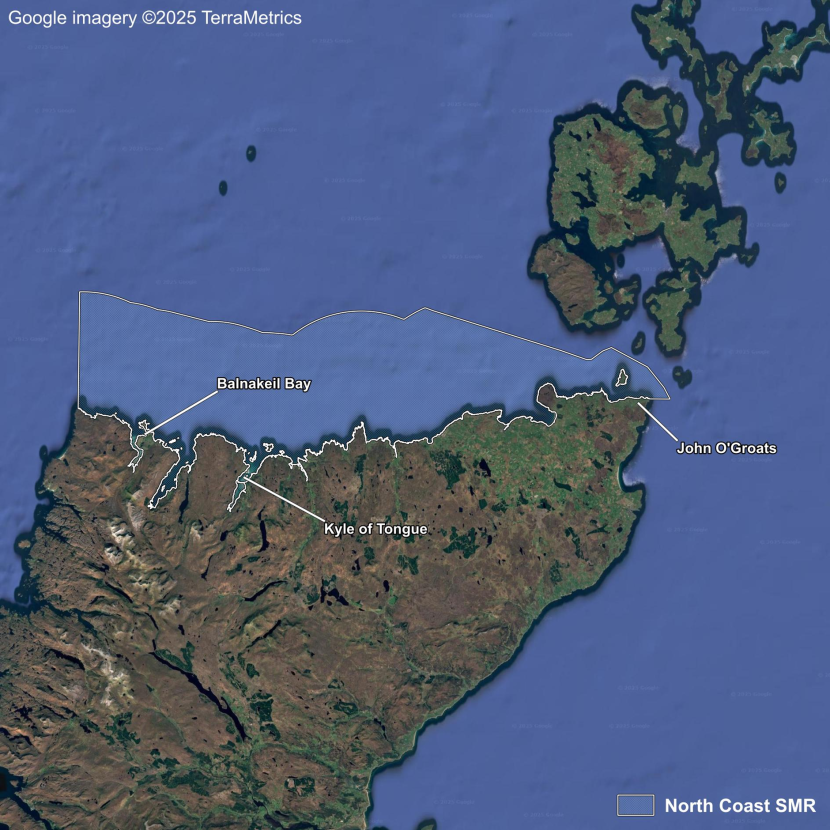 A map showing aerial imagery of the North Coast Scottish Marine Region including locations from west to east of Balnakeil Bay, Kyle of Tongue and John O’Groats. 