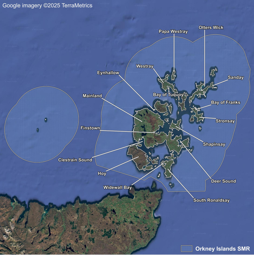 A map showing aerial imagery of the Orkney Islands Scottish Marine Region including locations from north to south of Papa Westray, Westray, Otters Wick, Sanday, Bay of Tuquoy, Eynhallow, Bay of Franks, Stronsay, Mainland, Shapinsay, Finstown, Deer Sound, Clestrain Sound, Hoy, Widewall Bay and South Ronaldsay.