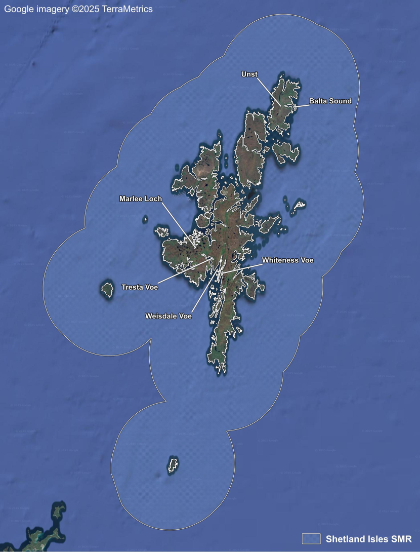A map showing aerial imagery of the Shetland Isles Scottish Marine Region including locations from north to south of Unst, Balta Sound, Marlee Loch, Tresta Voe, Weisdale Voe and Whiteness Voe.