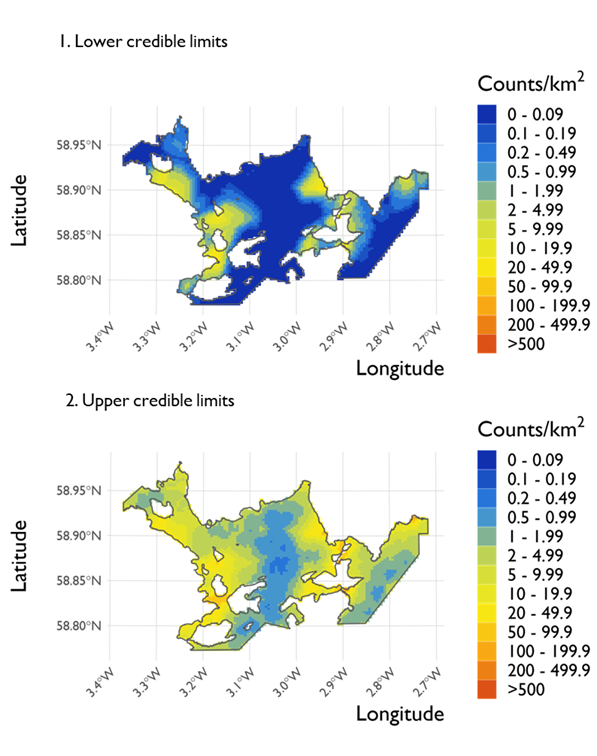 Two maps showing (1) the lower credible limits of the density estimates of long-tailed duck and (2) the upper credible limits at Scapa Flow Special Protection Area from the surveys conducted on 21 February 2022. 