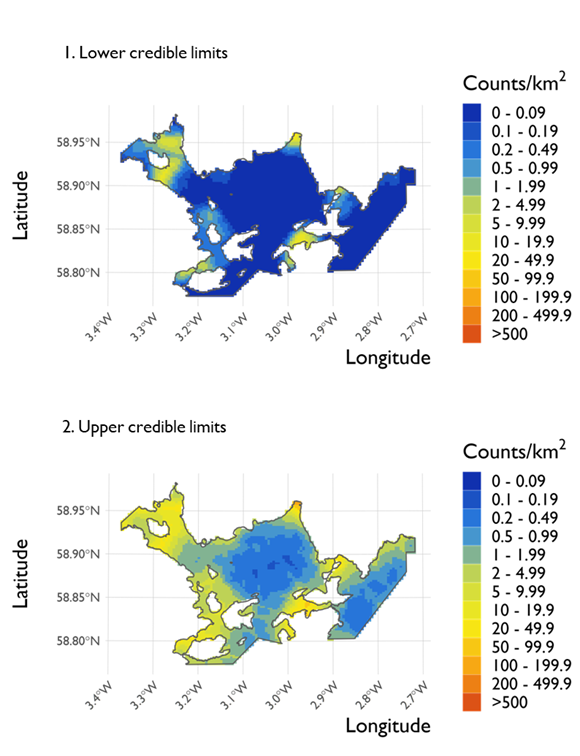 Two maps showing (1) the lower credible limits of the density estimates of common eider and (2) the upper credible limits at Scapa Flow Special Protection Area from the surveys conducted on 21 February 2022. 