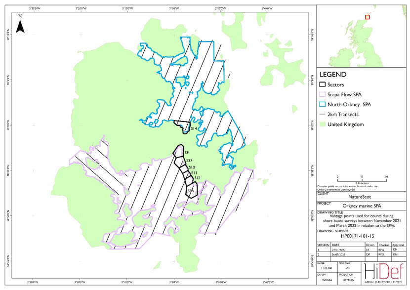 Map showing the location of inshore survey sectors used for shore-based surveys compared to the DAS undertaken in winters 2021/22 and 2022/23 across the Orkney SPAs.