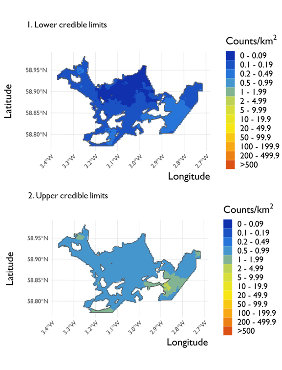 Two maps showing (1) the lower credible limits of the density estimates of European shag and (2) the upper credible limits at Scapa Flow Special Protection Area from the surveys conducted on 21 February 2022. 