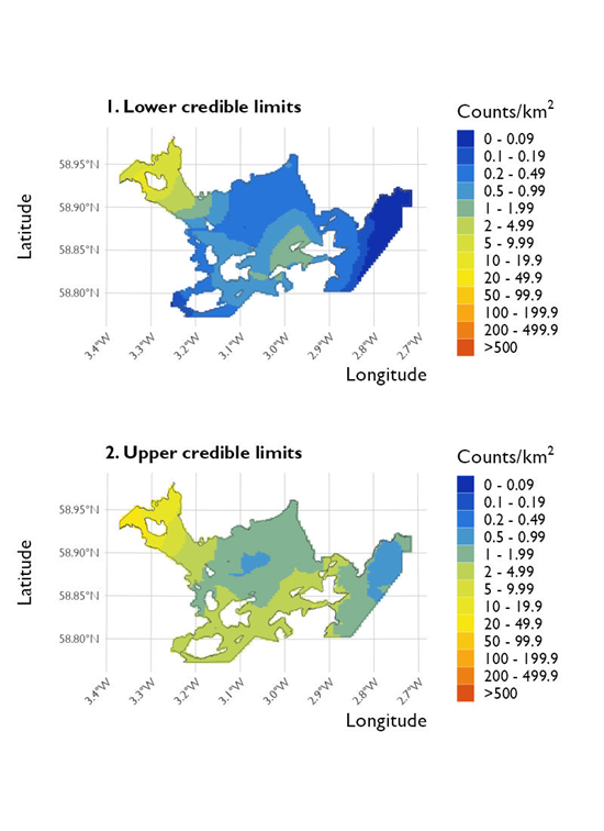 Two maps showing (1) the lower credible limits of the density estimates of European shag and (2) the upper credible limits at Scapa Flow Special Protected Area from the surveys conducted on 20 January 2023. 