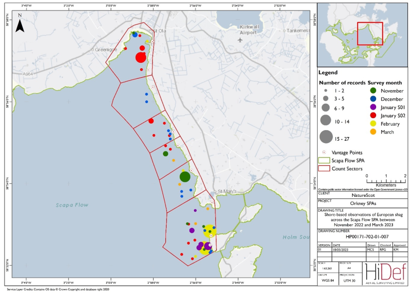 Map of shore-based observations of European shag in sectors at the Scapa Flow Special Protected Area during the winter 2022/23 shore-based surveys.