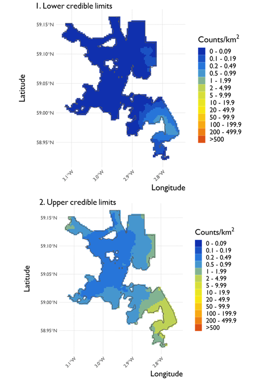 Two maps showing (1) the lower credible limits of the density estimates of great northern diver and (2) the upper credible limits at North Orkney Special Protection Area from the surveys conducted on 21 February 2022. 