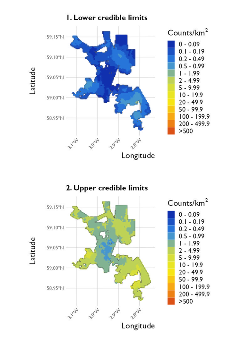 Two maps showing (1) the lower credible limits of the density estimates of great northern diver and (2) the upper credible limits at North Orkney Special Protected Area from the surveys conducted on 20 January 2023. 