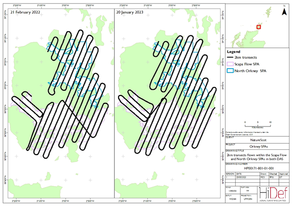 Map of Orkney Islands showing the Special Protection Areas and the flight patterns which were flown on 21 February 2022 and 20 January 2023 to cover the 2 km-spaced transect survey design.