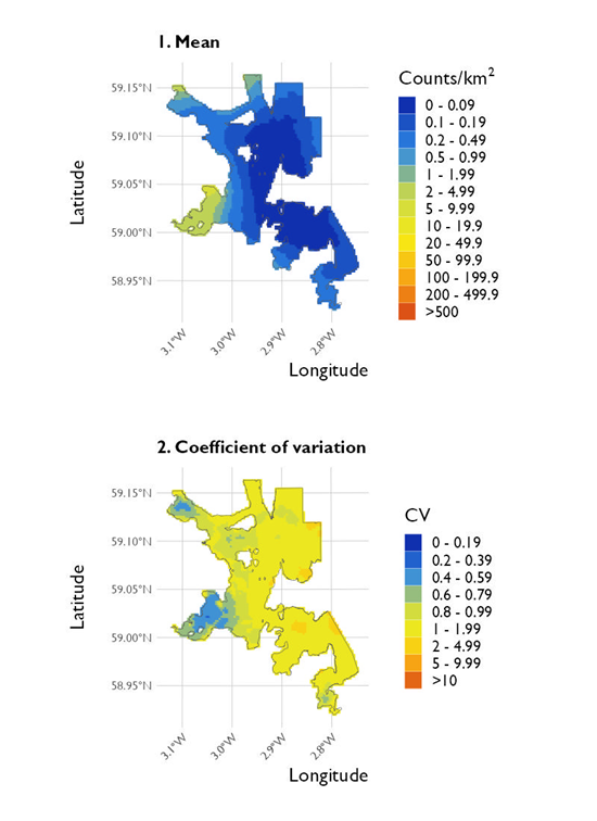 Two maps showing (1) the estimated density of Slavonian grebe and (2) the associated coefficient of variation at North Orkney Special Protected Area from the surveys conducted on 20 January 2023. 